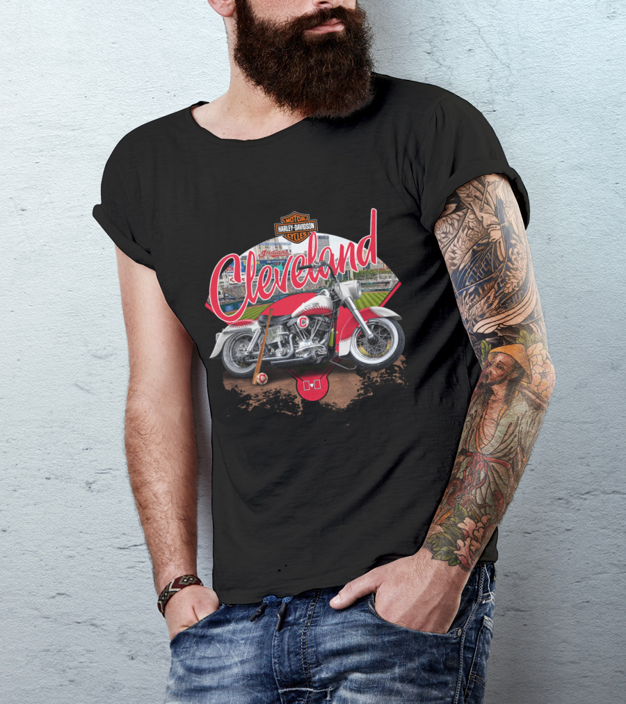 Cleveland Harley Davidson Indians Baseball Motorcycle Scene T-Shirt