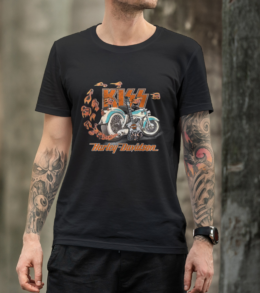 Kiss Harley Davidson Motorcycle With Flames And Guitar T-Shirt