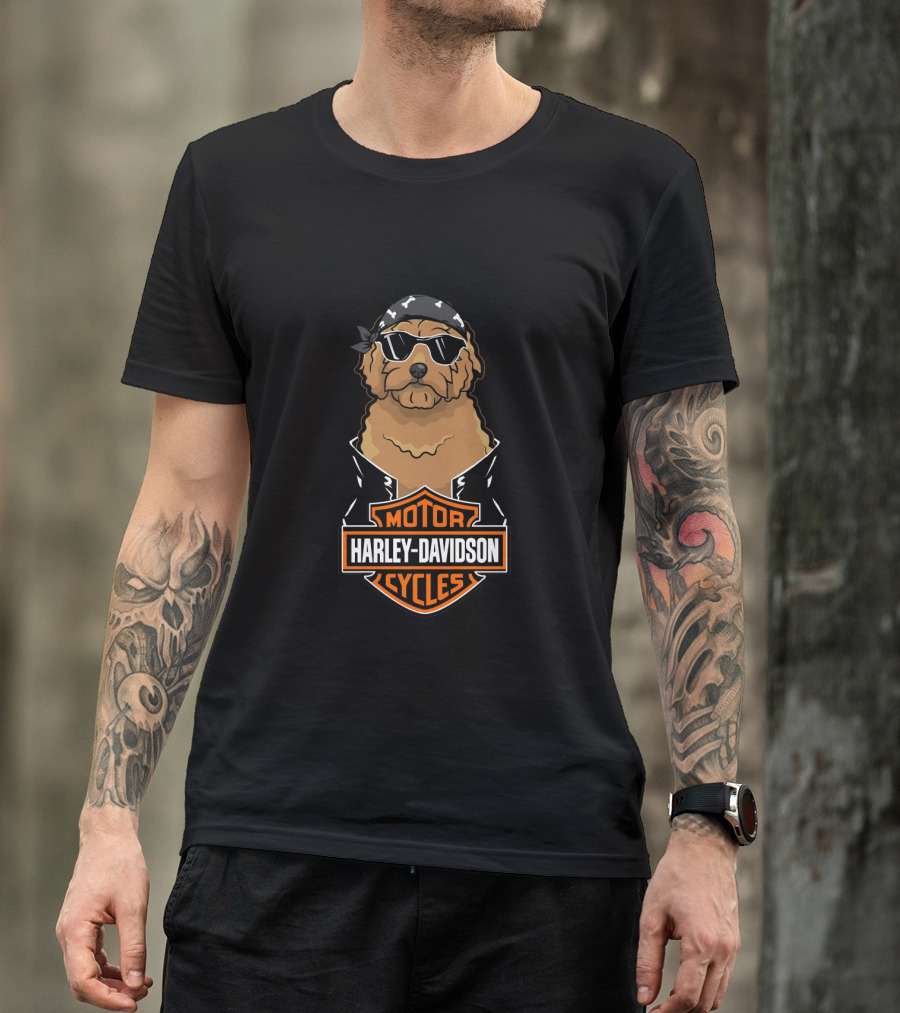Harley Davidson Motor Cycles Goldendoodle With Sunglasses And Bandana T-Shirt