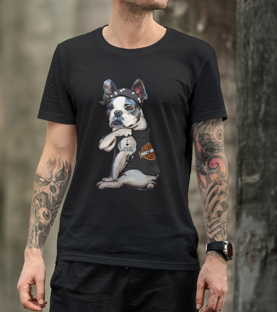 I Love Harley Davidson Boston Terrier Motorcycle Rider Theme T-Shirt