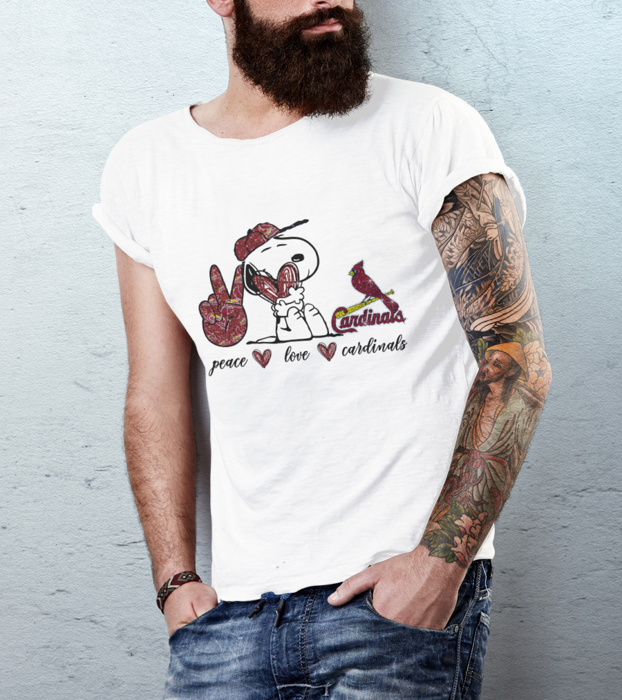 Peace Love Cardinals Snoopy Wearing Cardinals Hat T-Shirt