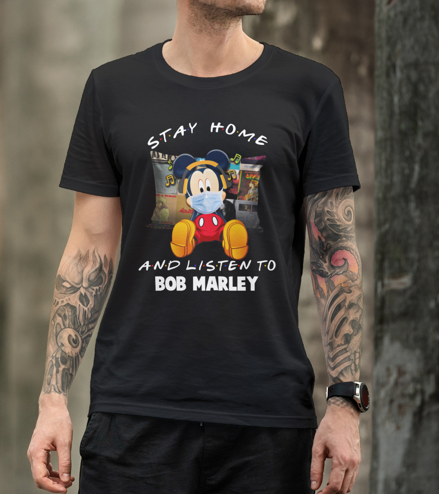 Stay Home And Listen To Bob Marley Mickey Mouse Masked Headphones T-Shirt