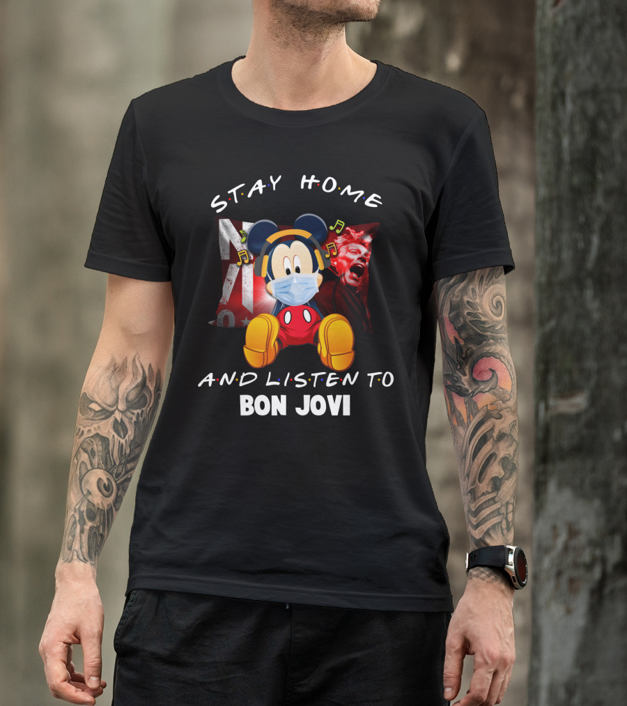Stay Home And Listen To Bon Jovi Mickey Mouse Masked Music Notes T-Shirt