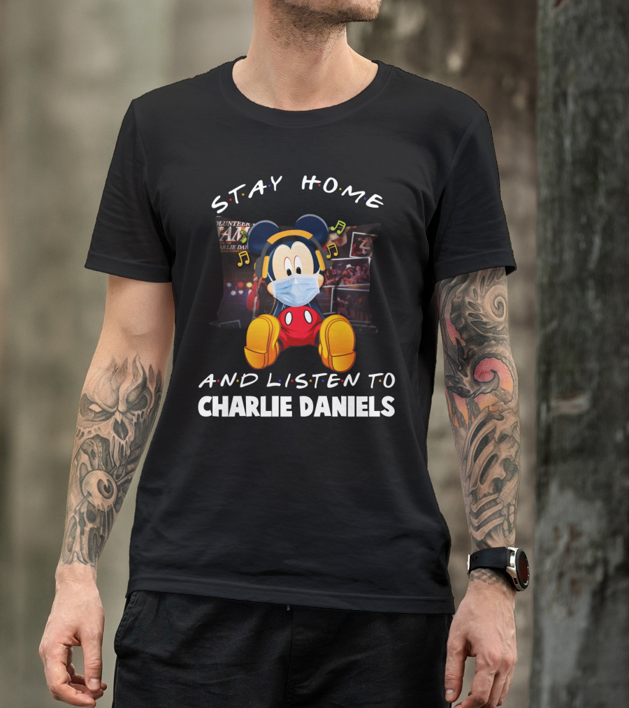 Stay Home And Listen To Charlie Daniels Mickey Mouse Mask And Headphones T-Shirt