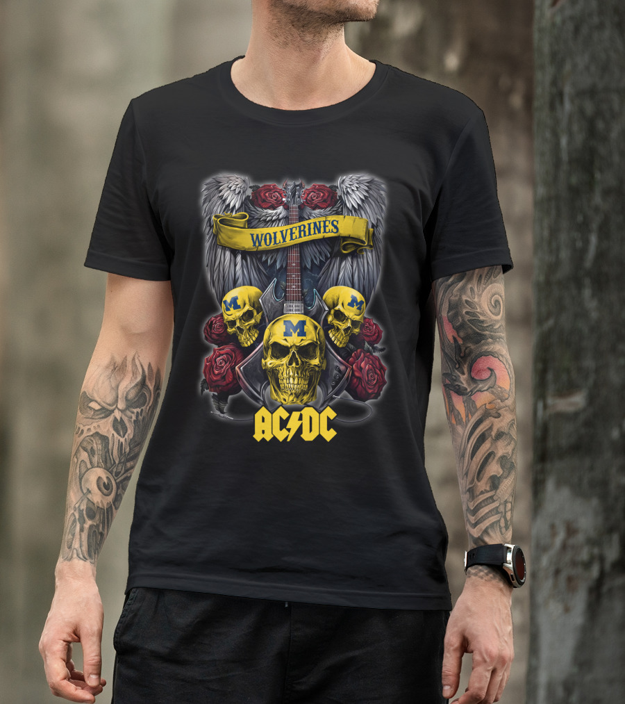 Wolverines Michigan 48 ACDC Skulls And Guitar Wings Roses T-Shirt