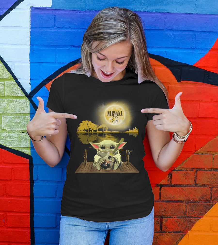 Nirvana Baby Yoda Playing Guitar Under Smiley Face Moon T-Shirt