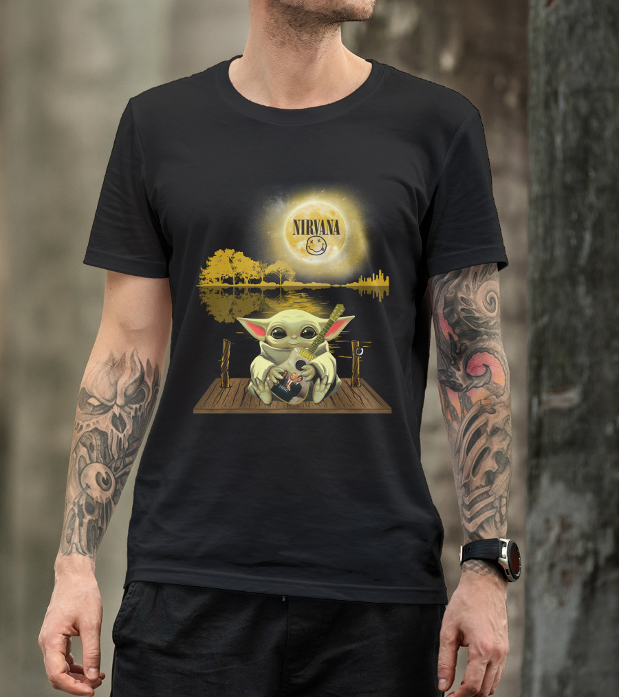 Nirvana Baby Yoda Playing Guitar Under Smiley Face Moon T-Shirt