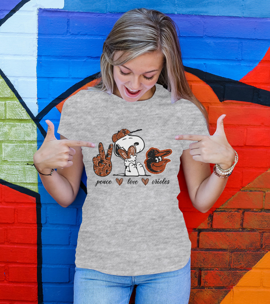 Peace Love Orioles Snoopy Style Baltimore Orioles T-Shirt