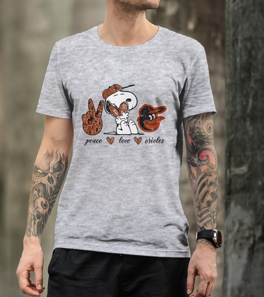 Peace Love Orioles Snoopy Style Baltimore Orioles T-Shirt