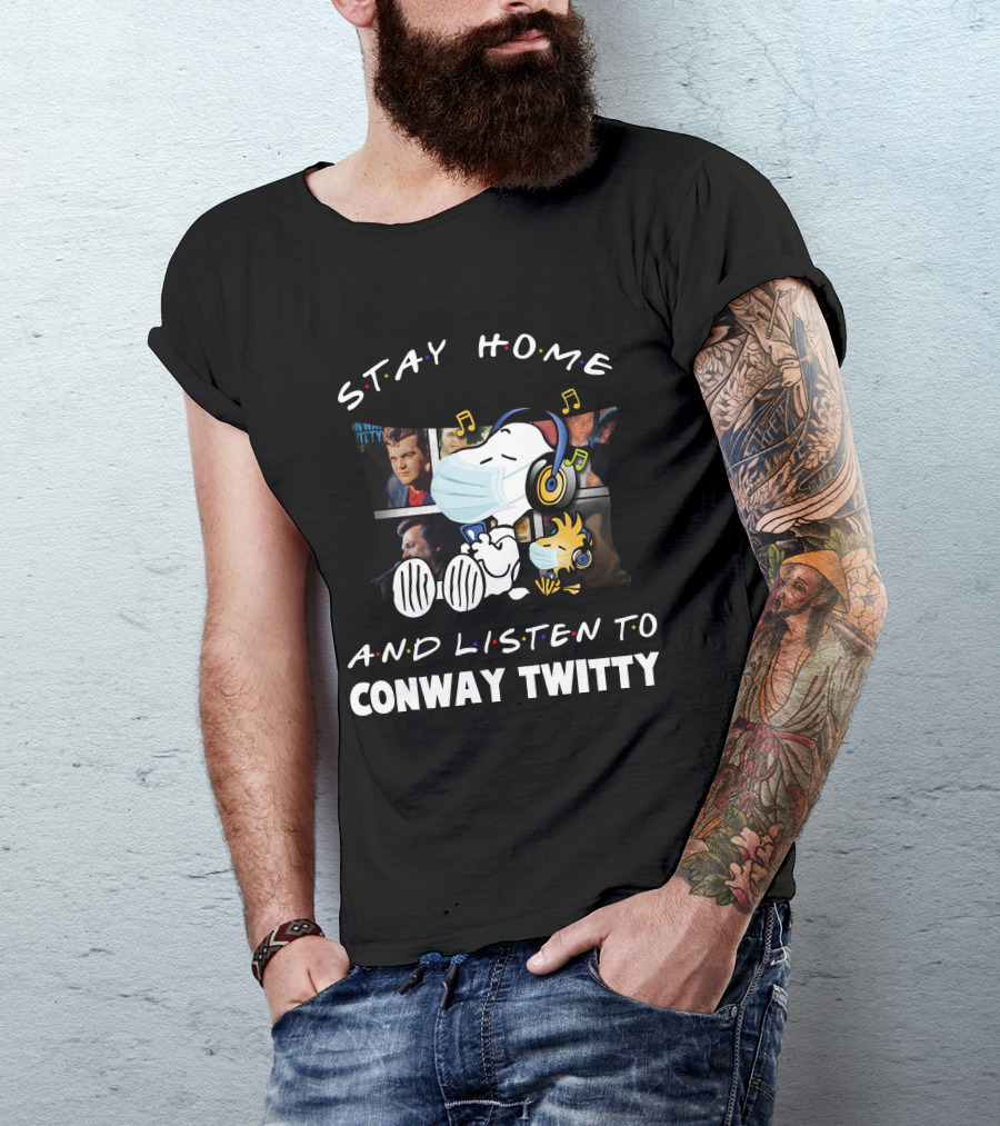 Stay Home And Listen To Conway Twitty Snoopy Wearing Headphones And Mask T-Shirt