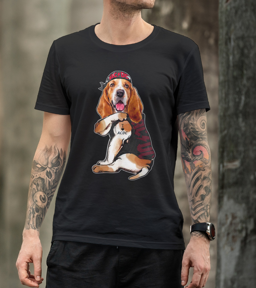 Basset Hound I Love Ac/Dc Bandana And Tattoo Style With Red Bandana And Black Vest T-Shirt