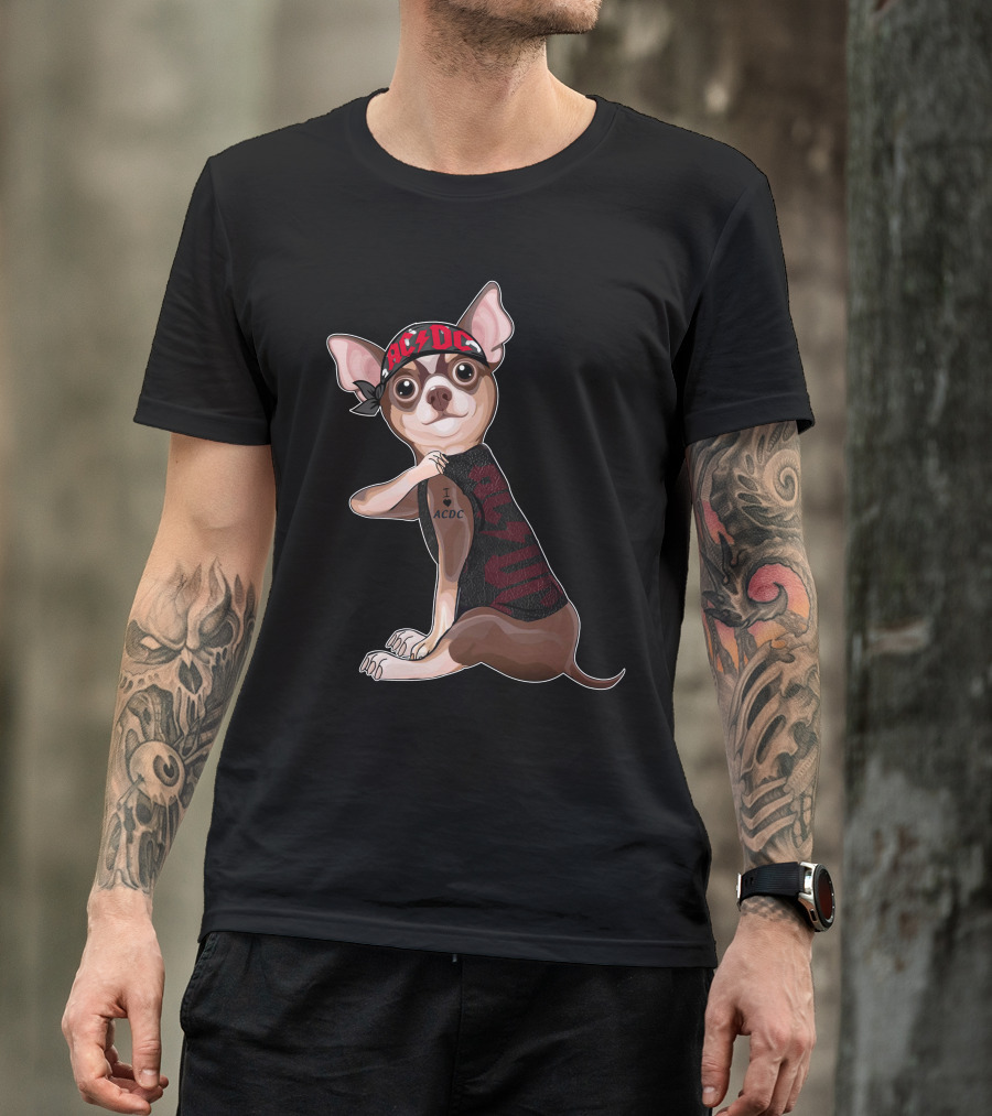 Chihuahua With I Love Ac/Dc Tattoo And Bandana T-Shirt