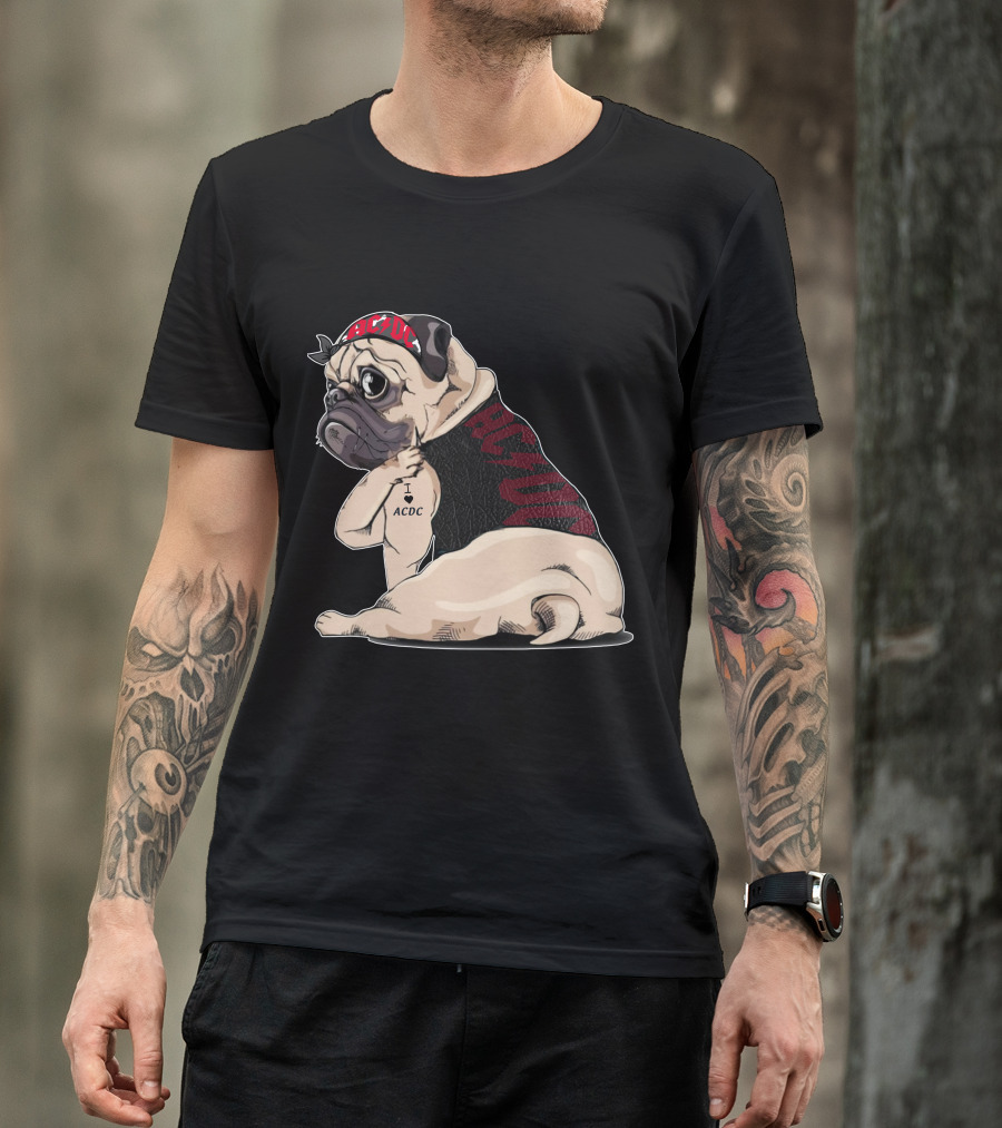 Ac/Dc Pug With I Love Ac/Dc Tattoo And Bandana T-Shirt