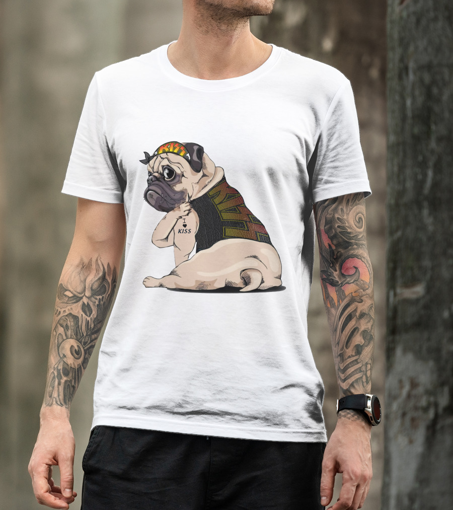 Kiss Bandana Pug With I Love Kiss Tattoo T-Shirt