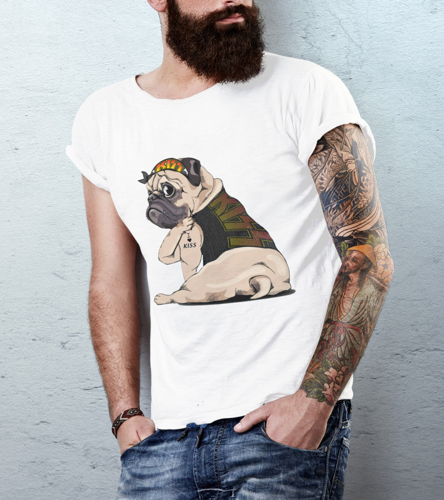 Kiss Bandana Pug With I Love Kiss Tattoo T-Shirt