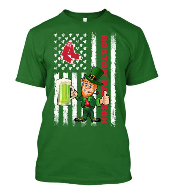 Boston Red Sox St Patrick's Day Leprechaun With Clover Flag And Beer Mug T-Shirt