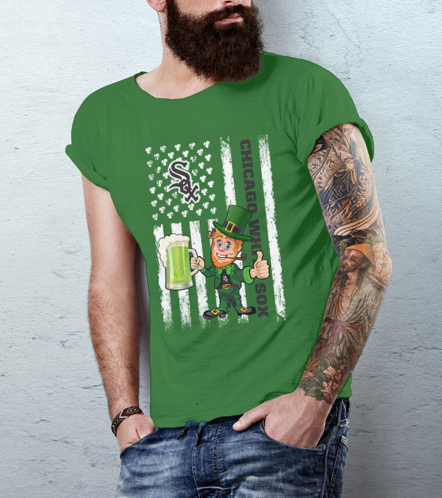 Chicago White Sox St Patrick's Day Leprechaun With Shamrock Beer And American Flag T-Shirt