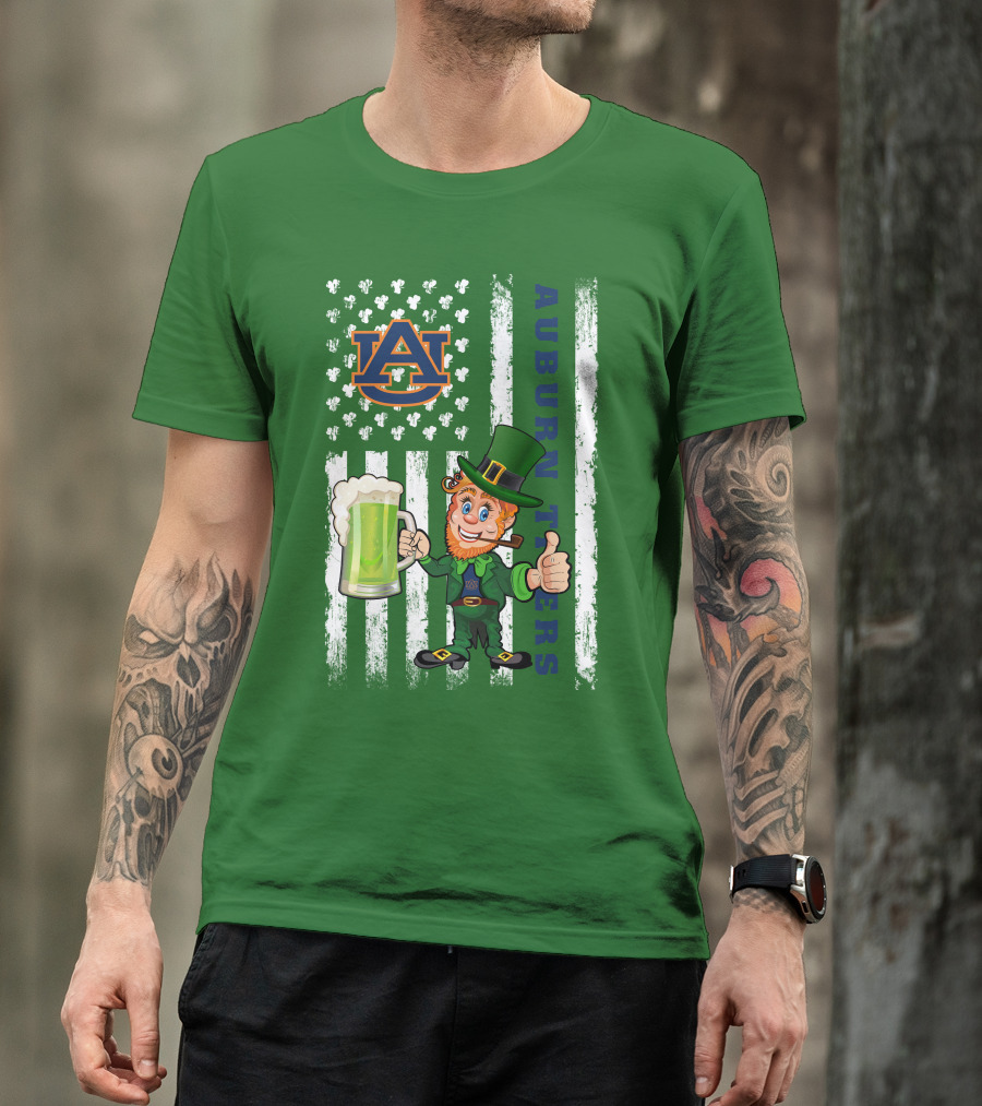 Auburn Tigers Leprechaun Holding Beer With Shamrocks St Patrick's Day T-Shirt