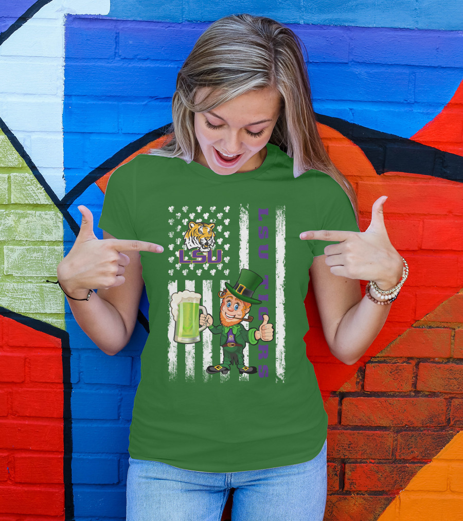 LSU Tigers St Patrick's Day Leprechaun Irish Flag With Beer Mug T-Shirt