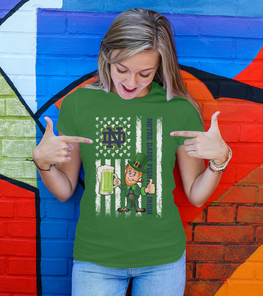 Notre Dame Fighting Irish Leprechaun With Beer And Shamrock Flag T-Shirt