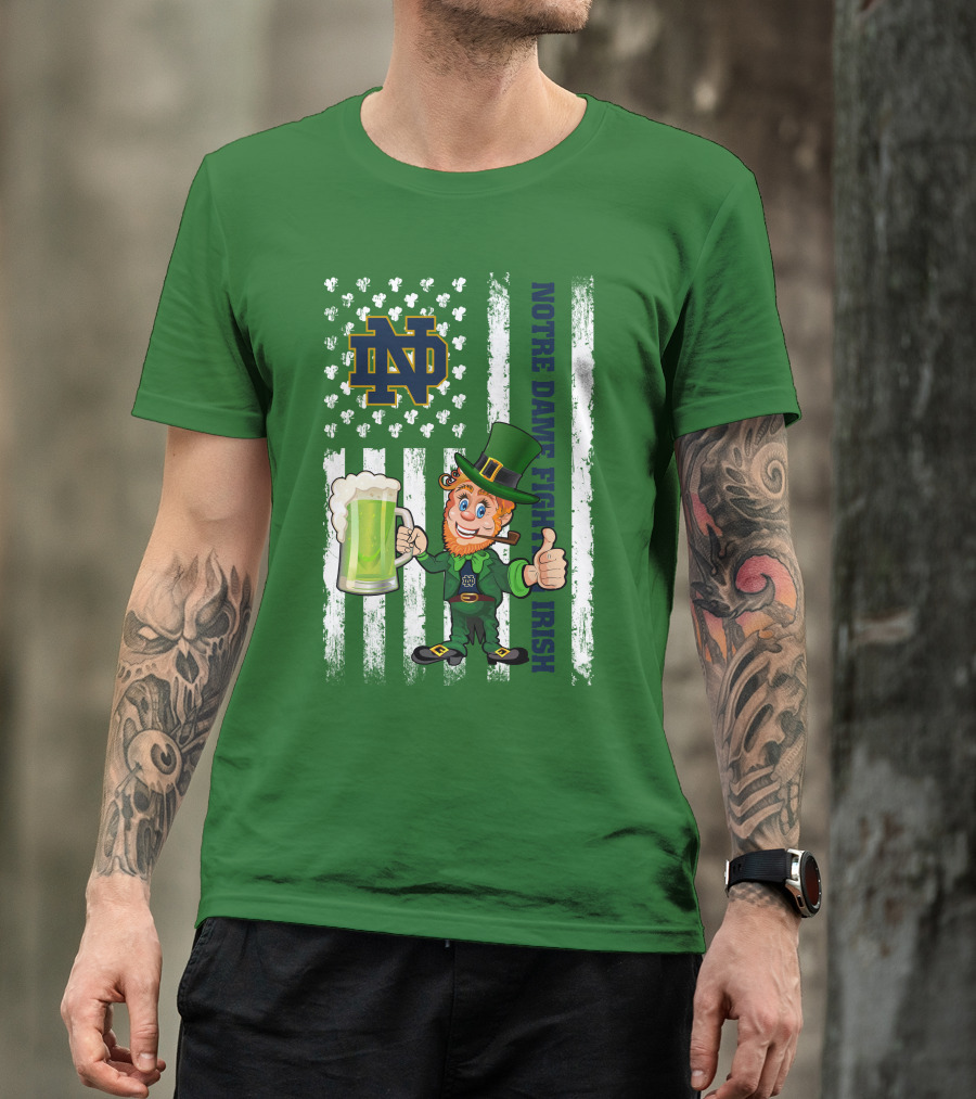 Notre Dame Fighting Irish Leprechaun With Beer And Shamrock Flag T-Shirt