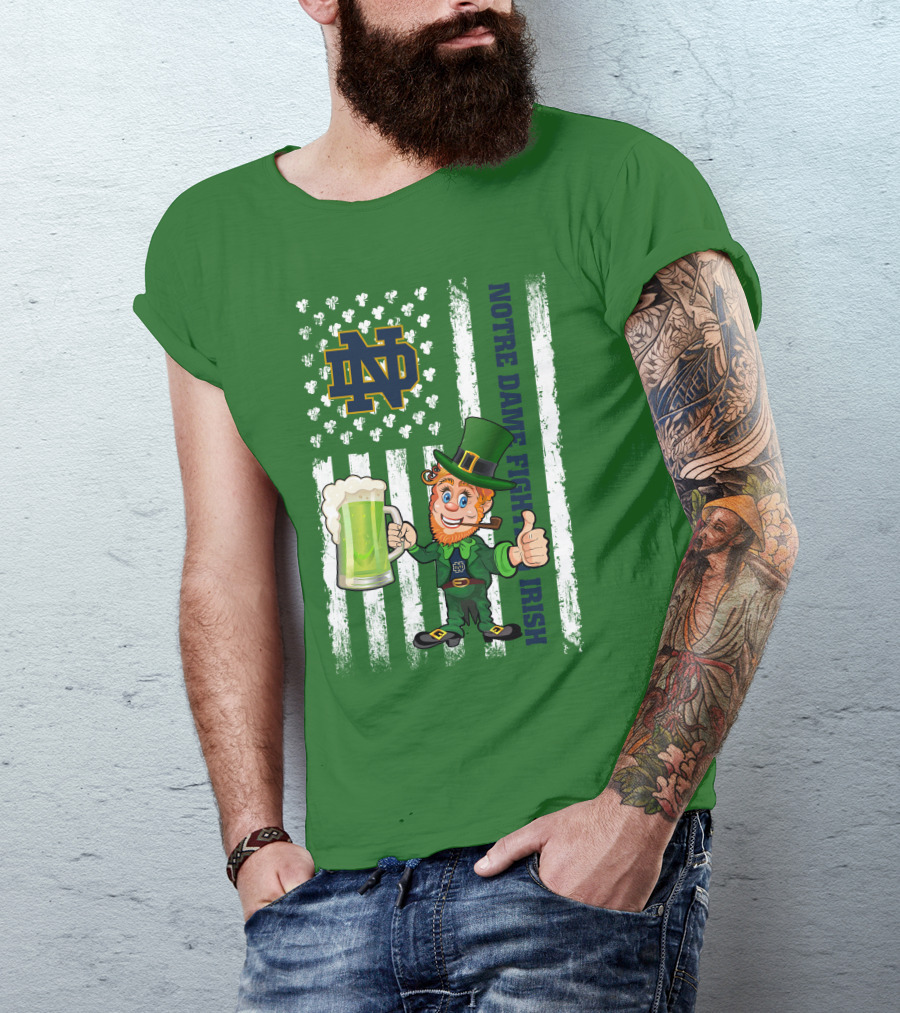Notre Dame Fighting Irish Leprechaun With Beer And Shamrock Flag T-Shirt