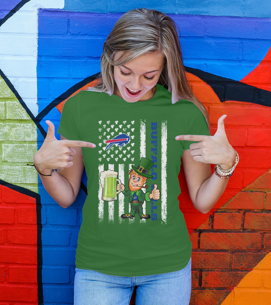 Buffalo Bills St Patrick's Day Leprechaun American Flag Shamrocks Beer T-Shirt