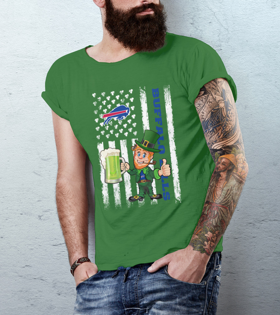 Buffalo Bills St Patrick's Day Leprechaun American Flag Shamrocks Beer T-Shirt