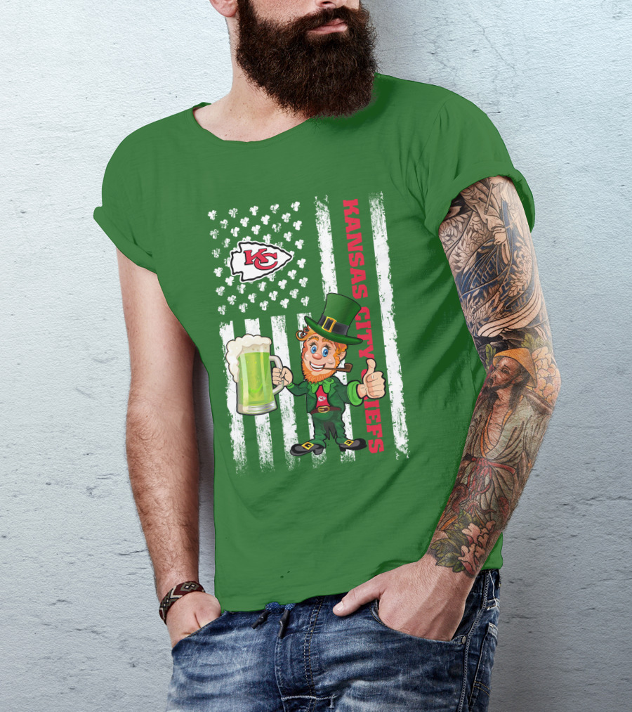 Kansas City Chiefs Leprechaun St Patrick's Day Shamrock Flag T-Shirt