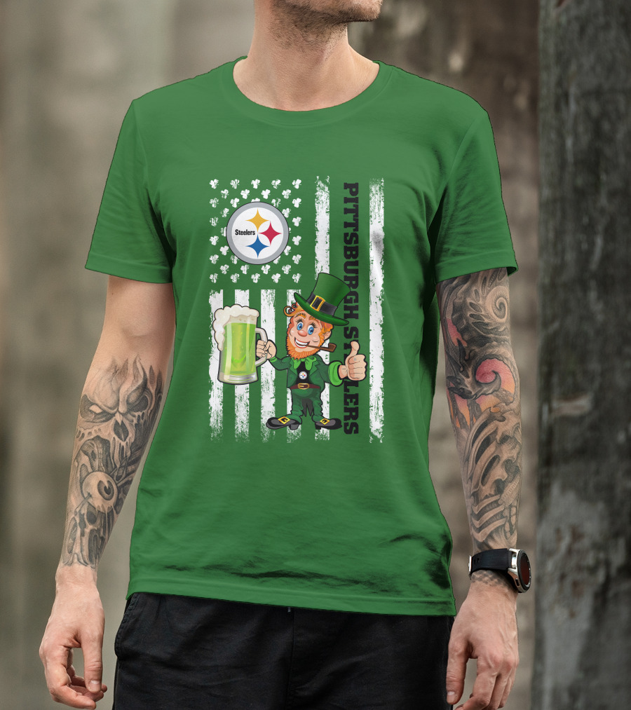 Pittsburgh Steelers Leprechaun St Patrick's Day Shamrock Beer Flag T-Shirt
