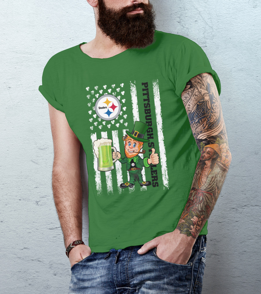 Pittsburgh Steelers Leprechaun St Patrick's Day Shamrock Beer Flag T-Shirt