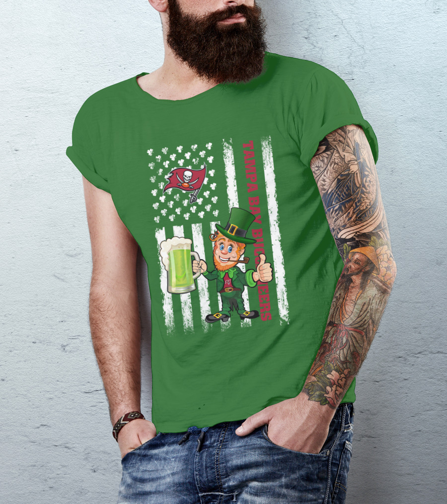 Tampa Bay Buccaneers St Patrick's Day Leprechaun Flag With Shamrocks And Green Beer T-Shirt