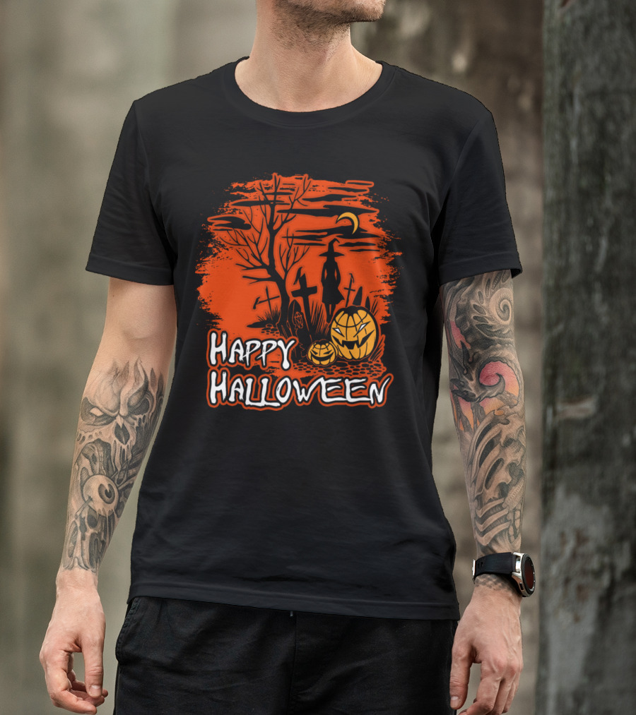 Happy Halloween Witch Silhouette With Pumpkins And Moonlit Graveyard Scene T-Shirt