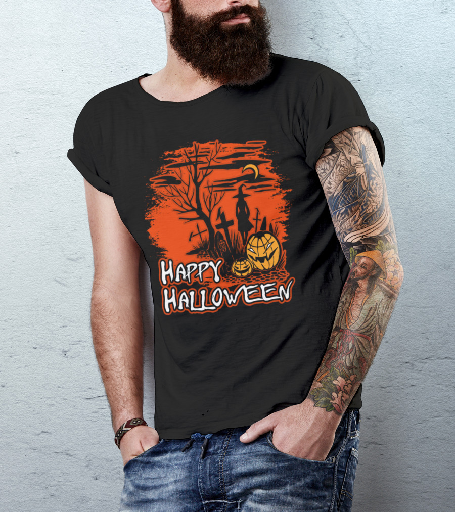 Happy Halloween Witch Silhouette With Pumpkins And Moonlit Graveyard Scene T-Shirt