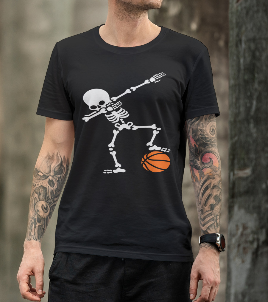 Dabbing Skeleton Holding Football And Basketball T-Shirt