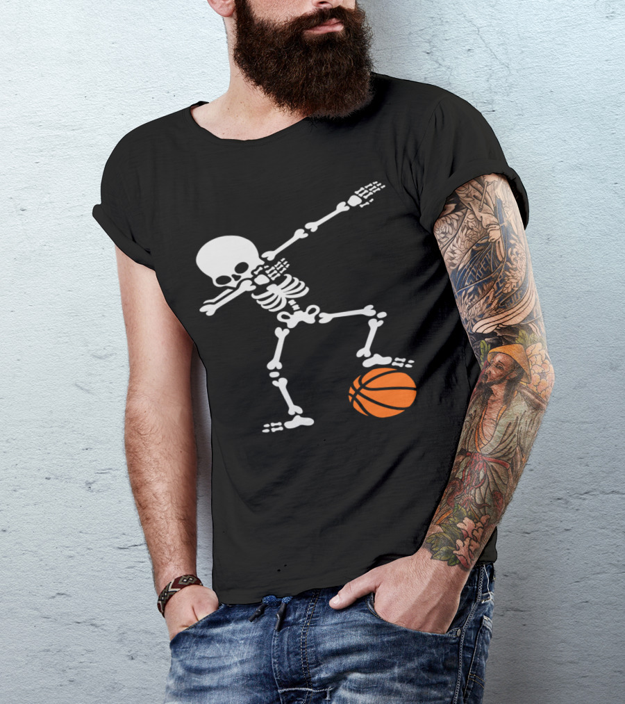 Dabbing Skeleton Holding Football And Basketball T-Shirt