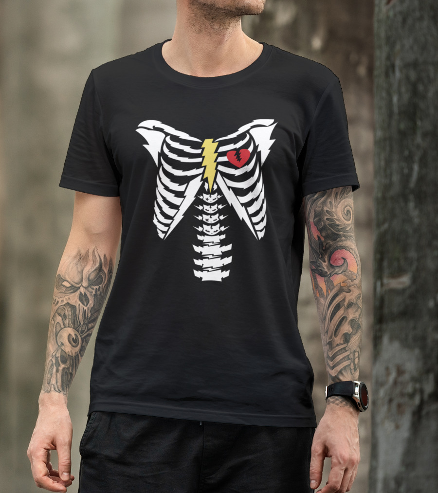 Rock Skeleton Ribcage Lightning Heart T-Shirt