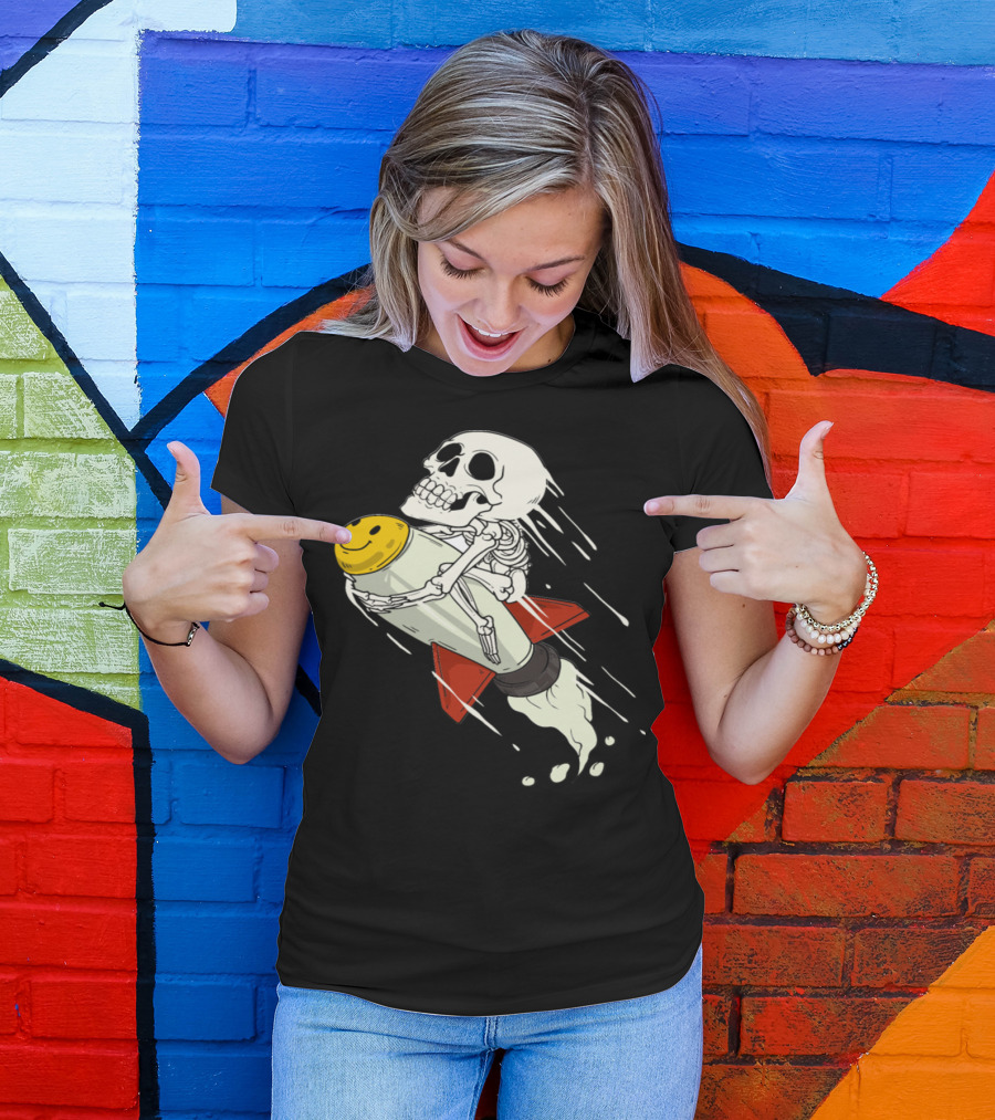 Skeleton Riding Rocket With Smiley Face Space Astronaut T-Shirt