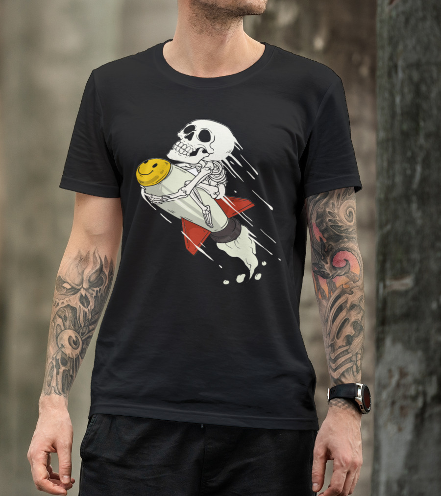 Skeleton Riding Rocket With Smiley Face Space Astronaut T-Shirt