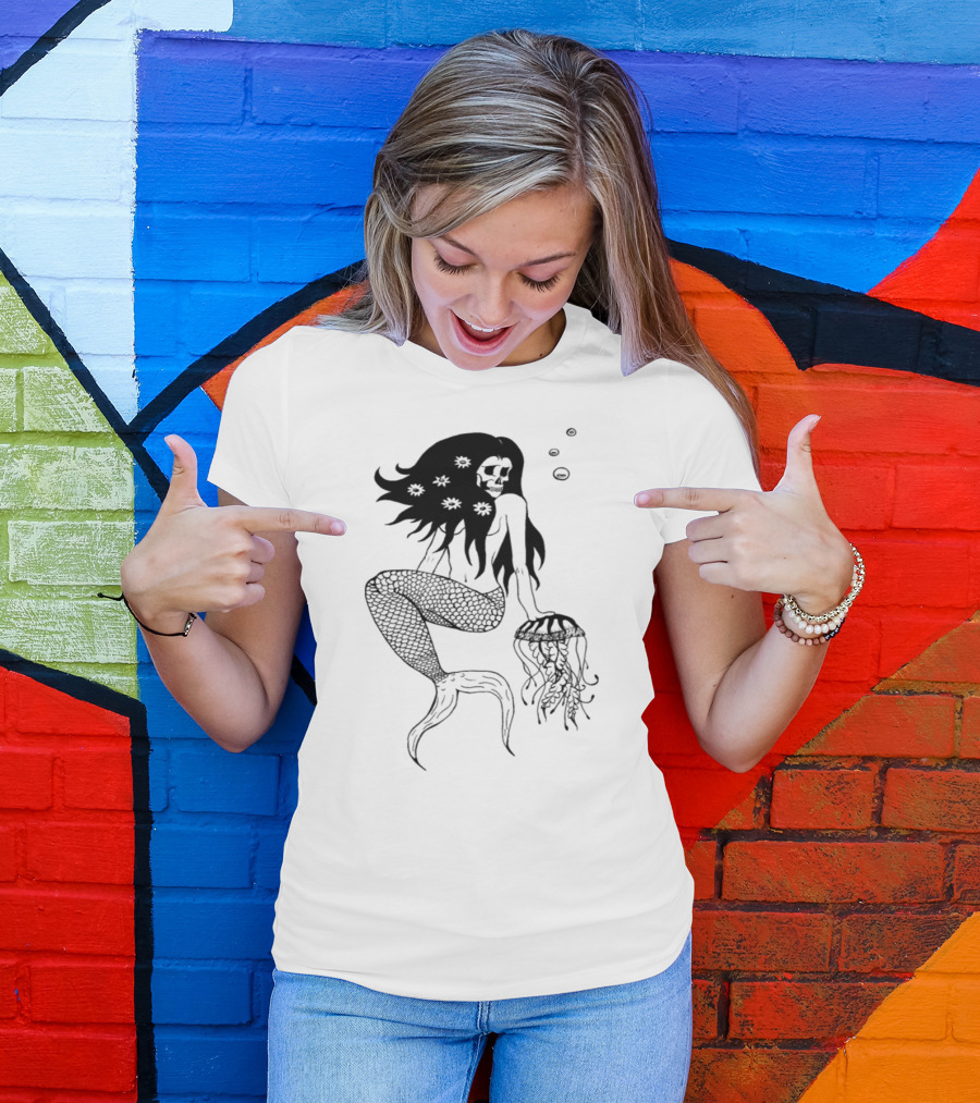 Dark Skeleton Mermaid With Jellyfish And Floating Flowers T-Shirt