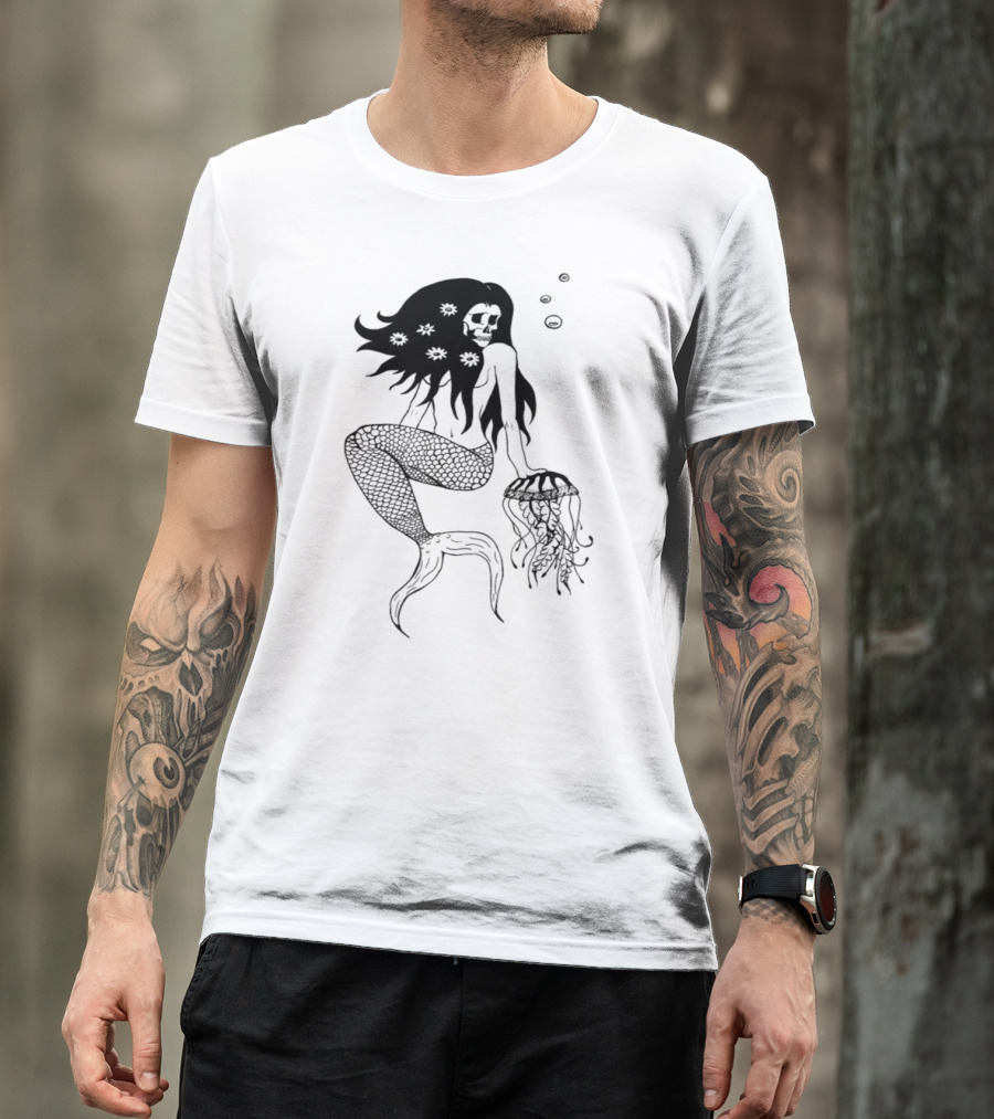 Dark Skeleton Mermaid With Jellyfish And Floating Flowers T-Shirt
