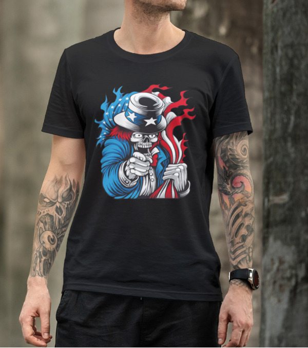 Skeleton Uncle Sam Holding American Flag Vector T-Shirt