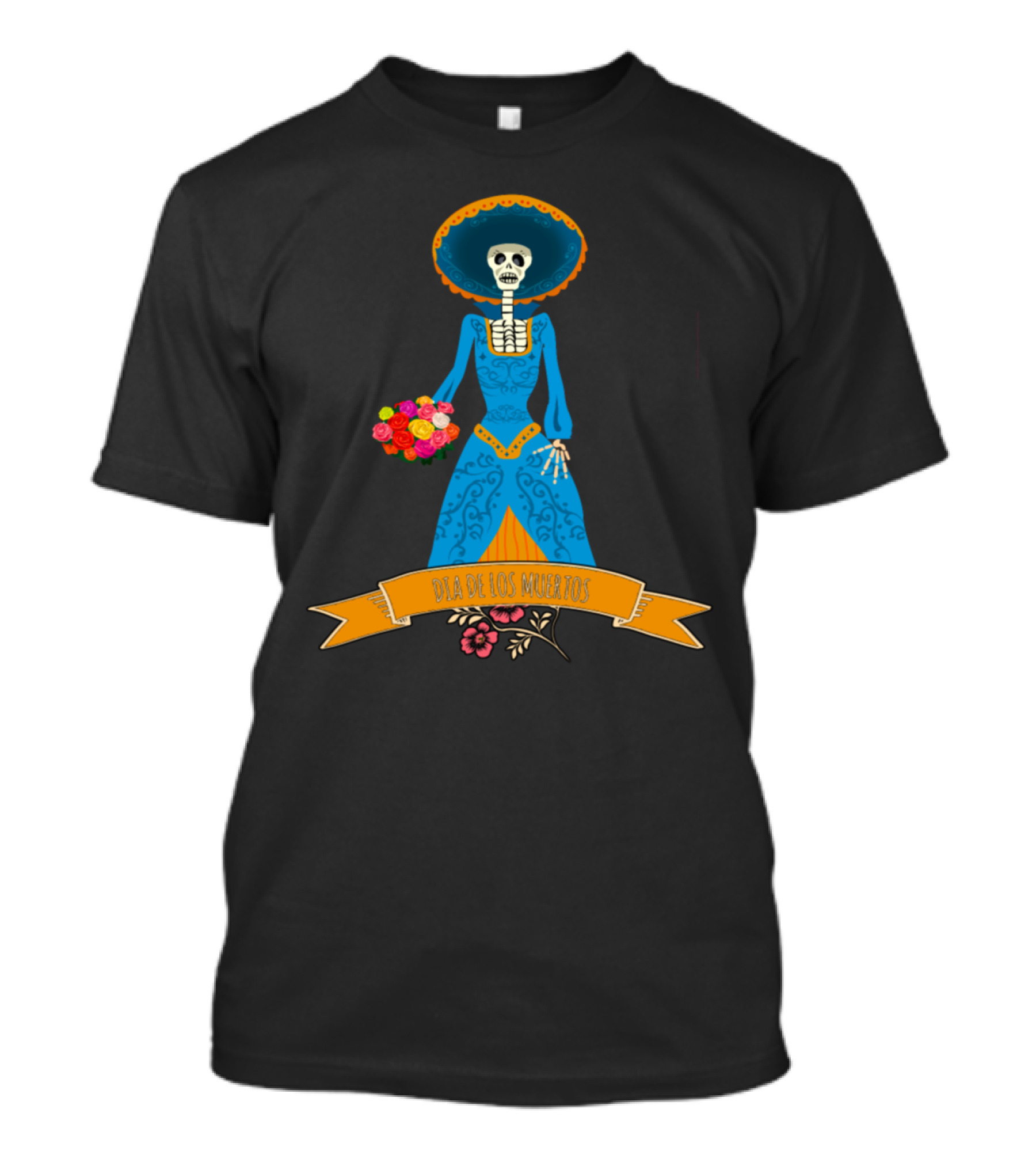 Día De Los Muertos Skeleton Lady In Blue With Bouquet And Orange Banner T-Shirt