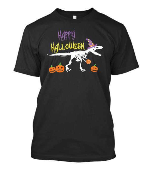 Happy Halloween Skeleton T-Rex With Pumpkin Trick Or Treat T-Shirt