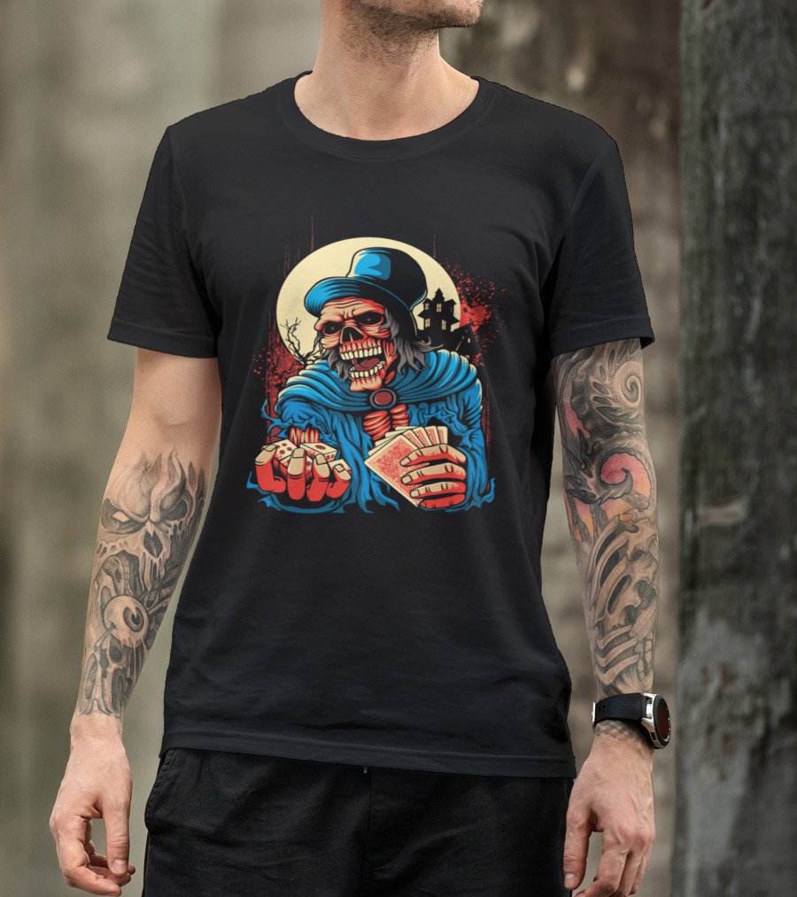Scary Skeleton Old Man With Cards And Haunted House Background T-Shirt