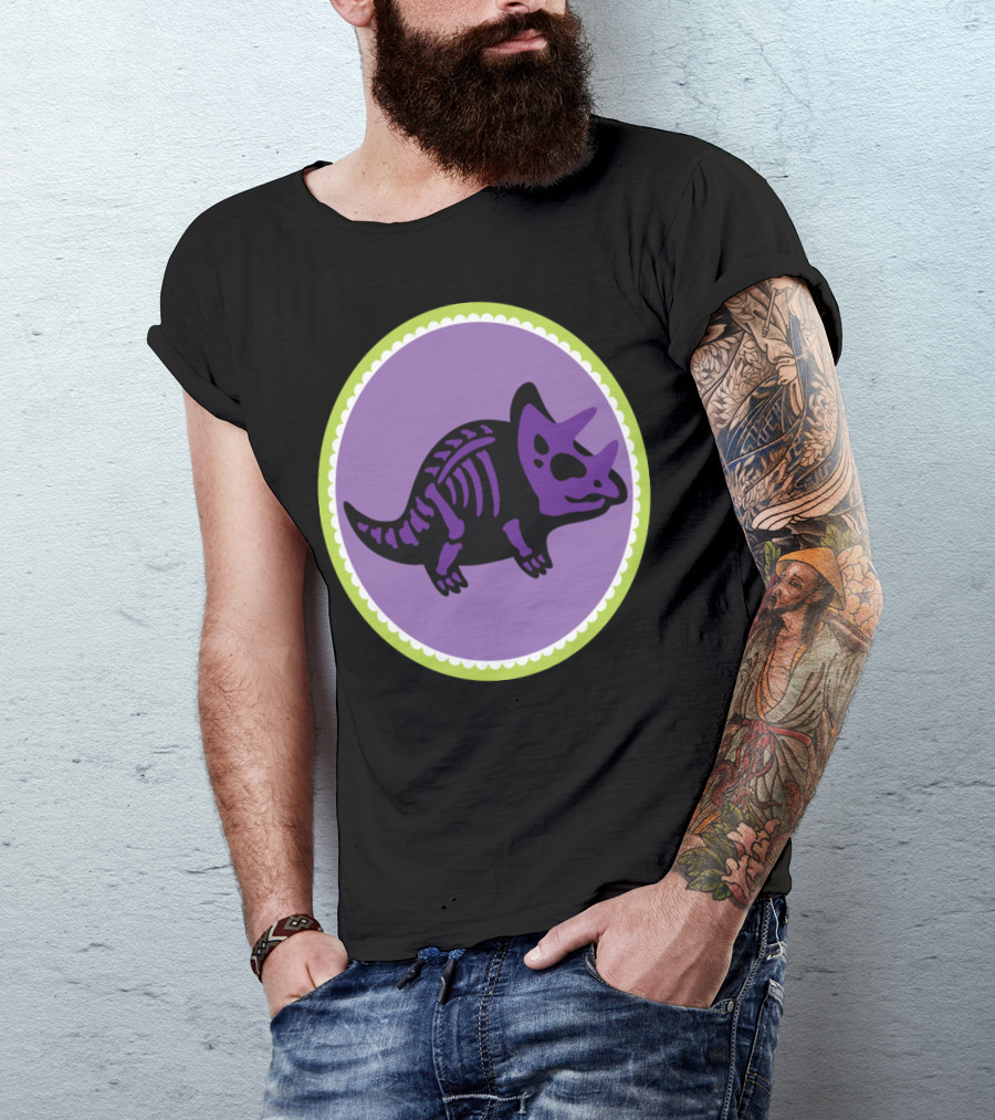 Triceratops Dinosaur Skeleton Purple Oval T-Shirt