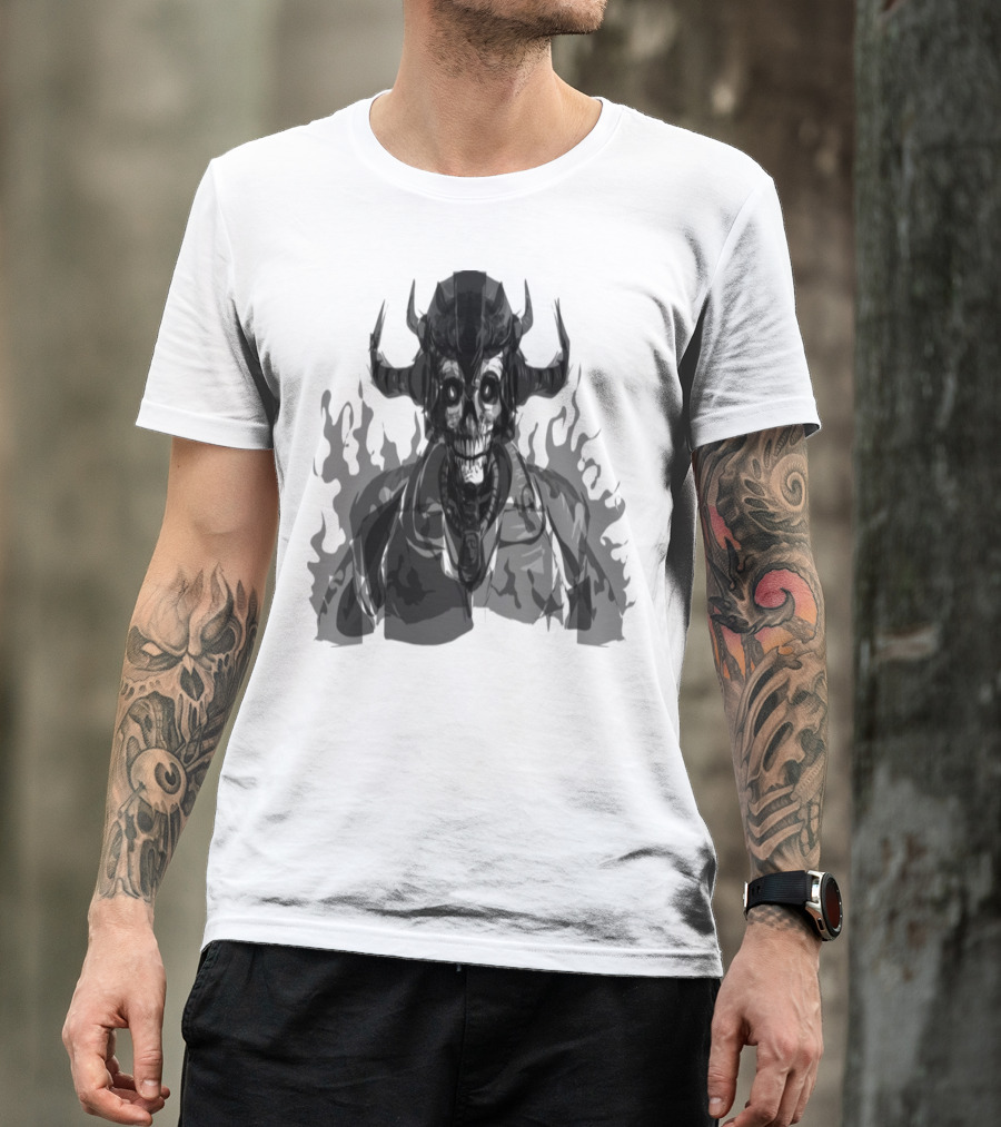Death Skletten Man Shadowy Horned Skull With Fiery Background T-Shirt