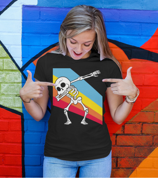 Retro Vintage Style Dabbing Dab Skeleton With Colorful Stripes T-Shirt