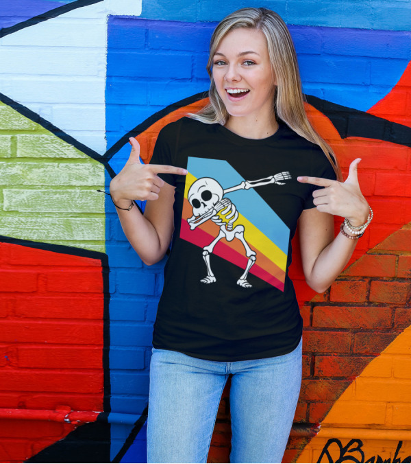 Retro Vintage Style Dabbing Dab Skeleton With Colorful Stripes T-Shirt