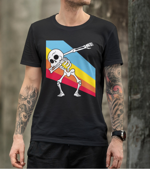 Retro Vintage Style Dabbing Dab Skeleton With Colorful Stripes T-Shirt